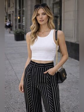 Walter Baker Pinstripe Pants Black White Snap Hem Flare Straight Leg Size 4 NWT